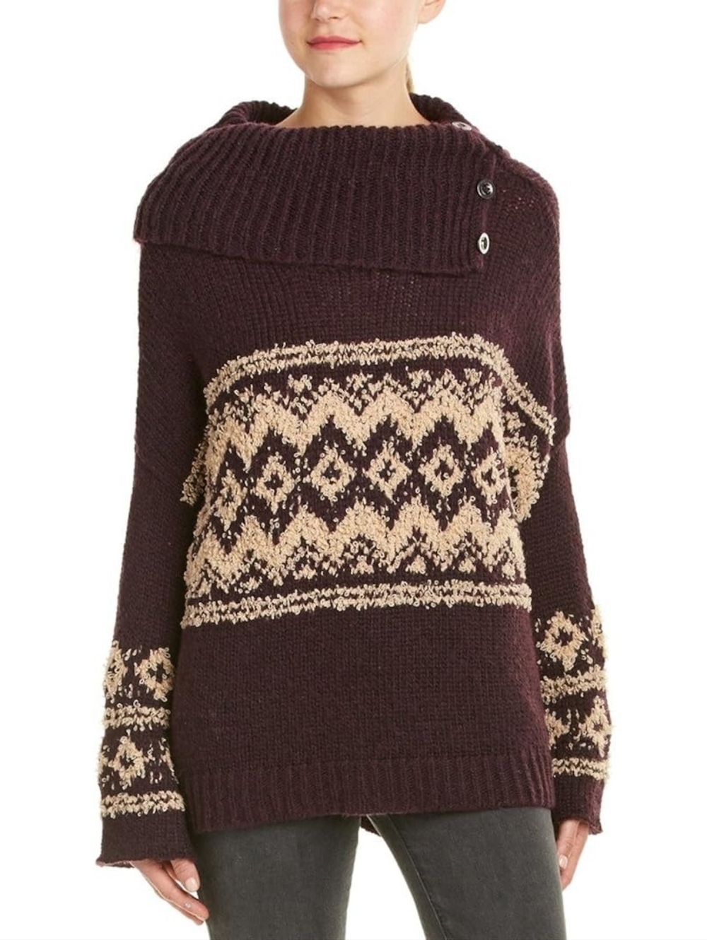Free People Fair Isle Ragnar sweater dark purple cream cowl neck size small